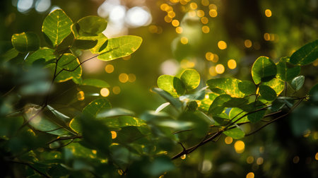 green leaves background with blurred bokeh and sun light in morningの素材