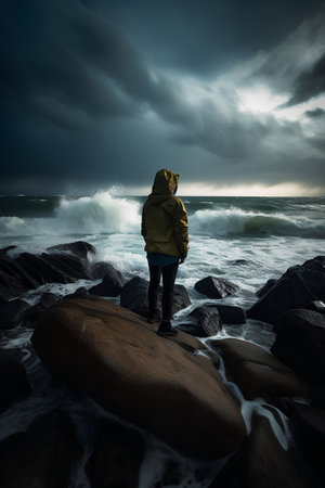 A man standing on a rock in front of a stormy seaの素材