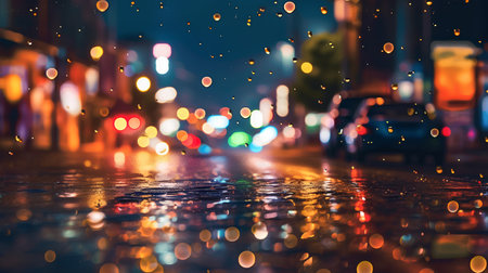 Rain drops on the wet asphalt road at night. Blurred background.