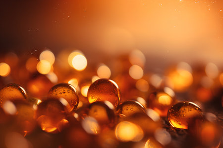 golden fish oil capsules on golden background with bokeh effectの素材