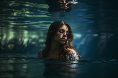 Portrait of a beautiful young woman in the water on a dark backgroundの素材