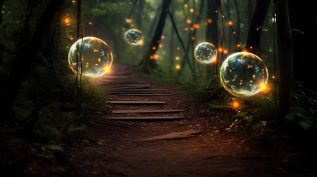 Walking path in the forest with soap bubbles, 3d renderの素材