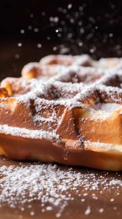 Belgian waffles sprinkled with powdered sugar on a wooden background.の素材
