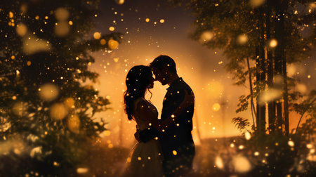Beautiful wedding couple in love kissing in the forest at sunset.の素材