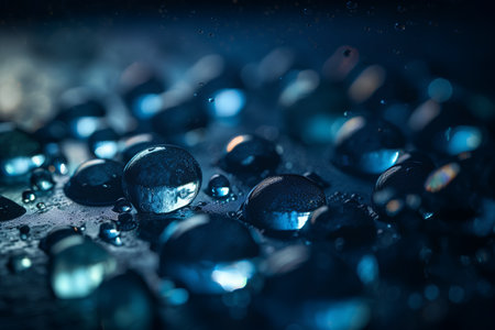 Blue water drops on glass surface with bokeh light background.の素材