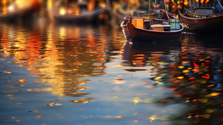 Traditional wooden boats on the canals of Venice at sunset, Italyの素材
