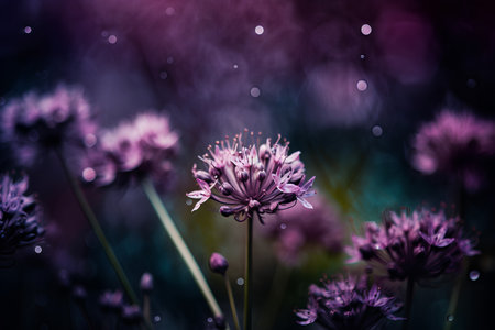 Beautiful purple flowers with bokeh effect on dark background.の素材