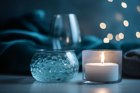 Candle and glass vase on the table with bokeh backgroundの素材