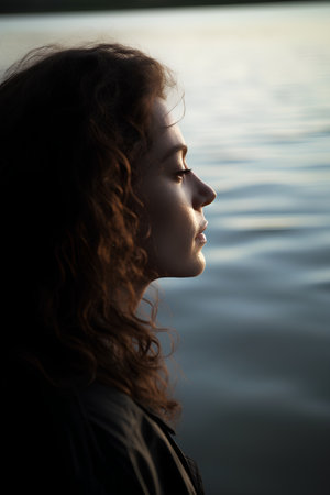 Side view portrait of a beautiful young woman with curly hair looking away while standing in the waterの素材