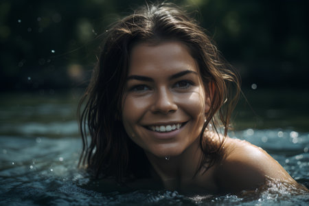 Portrait of a beautiful young woman bathing in a hot spring poolの素材