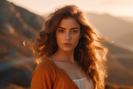 Beautiful young woman with long curly hair in the mountains at sunsetの素材