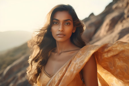 fashion outdoor photo of beautiful sensual woman with dark hair in elegant dress posing among rocksの素材
