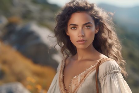 Portrait of a beautiful young woman with curly hair in the mountainsの素材