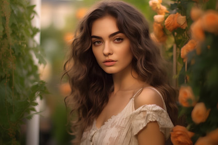 Portrait of beautiful young woman with long curly hair in summer gardenの素材