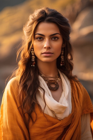 Portrait of a beautiful young indian woman in the desert.の素材