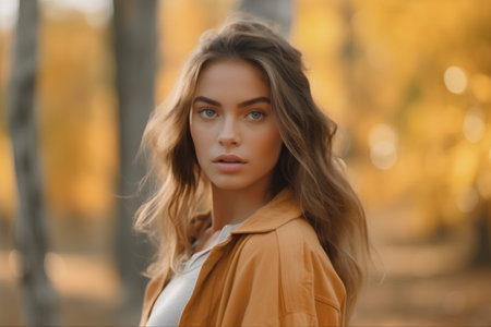 Portrait of a beautiful young woman in the autumn park. Beauty, fashion.の素材