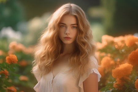 Portrait of a beautiful young woman with long blond hair in the gardenの素材