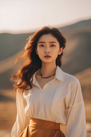 portrait of a beautiful asian girl in a white shirt and orange skirtの素材