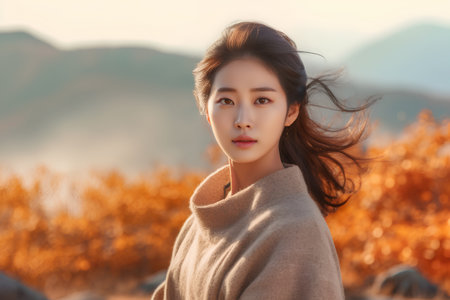 Portrait of a beautiful asian woman on the background of autumn natureの素材