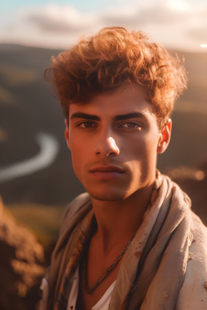 Portrait of a handsome young man in the mountains. Men's beauty, fashion.の素材