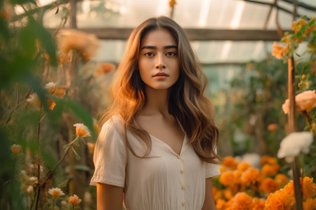 Portrait of a beautiful young woman in a greenhouse with yellow flowers.の素材