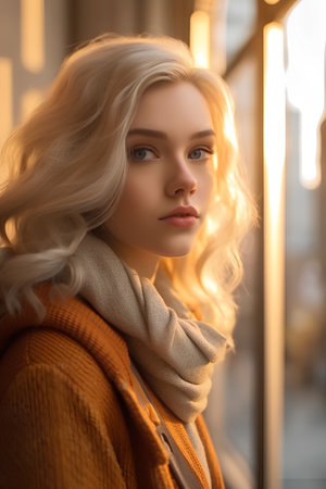 Portrait of a beautiful blonde girl in a coat and scarf.の素材