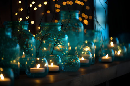 Burning candles in glass vases on wooden shelf at night.の素材