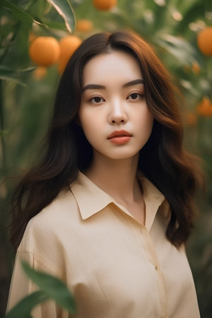 Portrait of a beautiful young asian woman in orange garden.の素材
