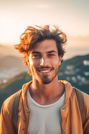 Portrait of a handsome young man in the mountains at sunset.の素材