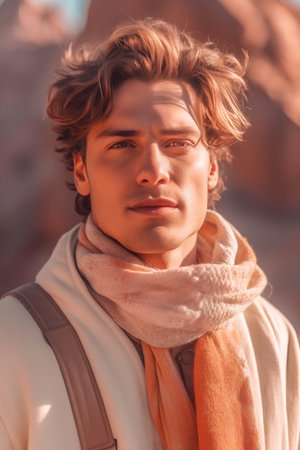 Portrait of a handsome young man in the desert. Men's beauty, fashion.の素材