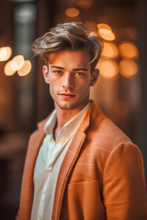 Portrait of a handsome young man in an orange jacket and white shirt.の素材