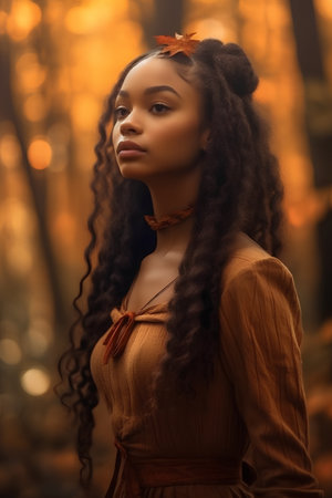 Portrait of a beautiful african american woman in autumn forestの素材