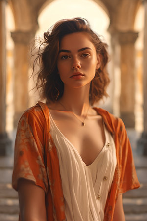 fashion outdoor photo of beautiful sensual woman with dark hair in elegant dress posing in old cityの素材