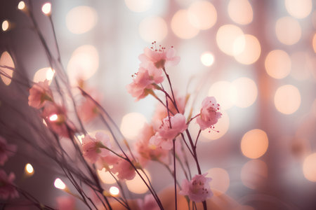 Beautiful pink cherry blossoms on bokeh background with copy spaceの素材