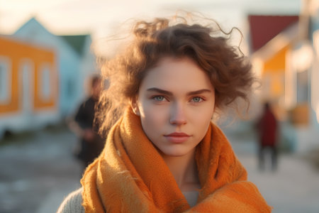 Portrait of beautiful young woman with curly hair and yellow scarf at sunsetの素材