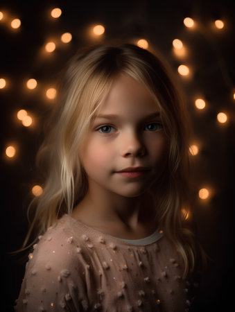 Portrait of a beautiful little girl on a dark background with lightsの素材