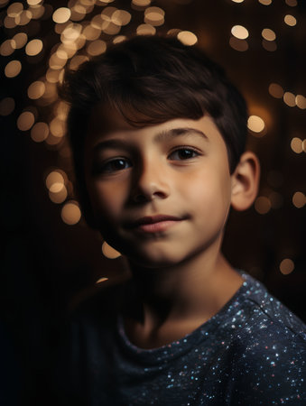 Portrait of a cute little boy on a dark background with lightsの素材