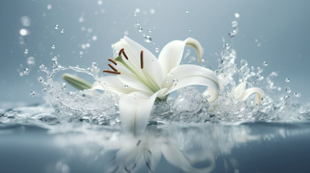 White lily with water splashes on a dark background. 3d renderingの素材