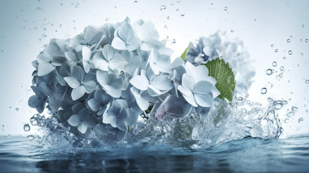 Blue hydrangea flowers in water splashes on blue backgroundの素材