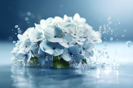 Hydrangea flowers with water drops on a blue background. Copy space.の素材