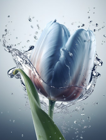 Tulip flower in water splash on gray background. 3d illustrationの素材