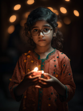 Little girl with glasses holding a candle in her hands. Bokeh background.の素材