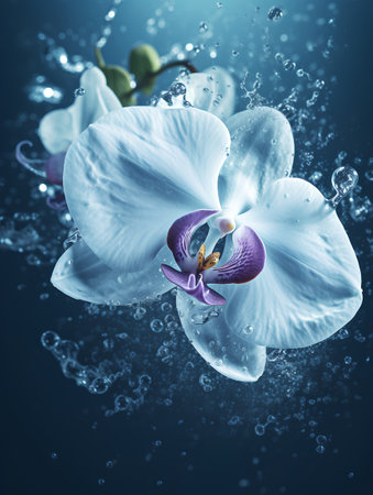 White orchid with water splashes on blue background. 3d illustrationの素材