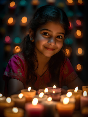 Indian Girl Celebrating Diwali or Deepawali with Candlesの素材