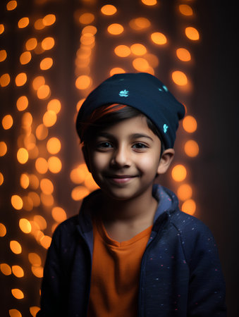 Portrait of a cute indian little boy wearing a winter hatの素材