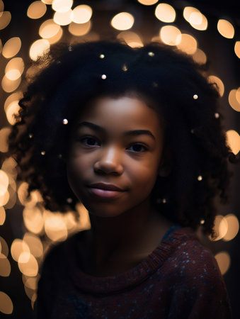 beautiful african american woman with afro hairstyle and christmas lightsの素材