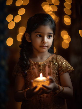 indian little girl lighting candle at diwali festival with bokeh backgroundの素材