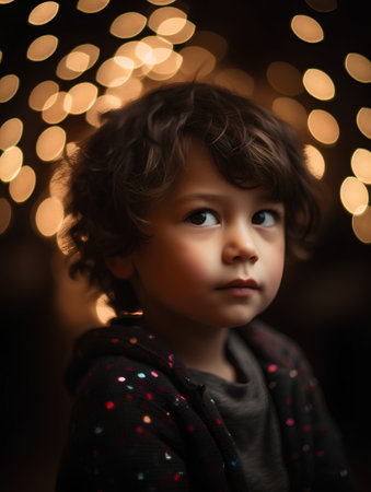 Little boy portrait with bokeh lights on background, shallow depth of fieldの素材
