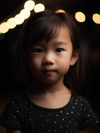 Portrait of little asian girl in black dress with bokeh backgroundの素材