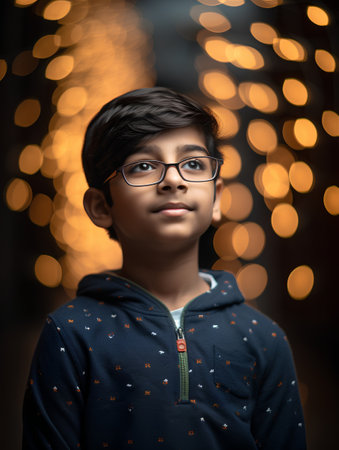 cute indian little boy with eyeglasses and christmas lightsの素材